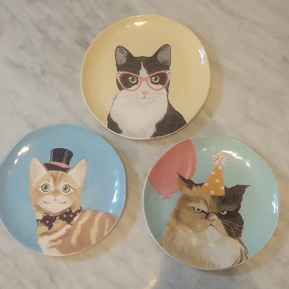 Pier 1 Set Of 3 Ironstone Party Cat Salad Plates